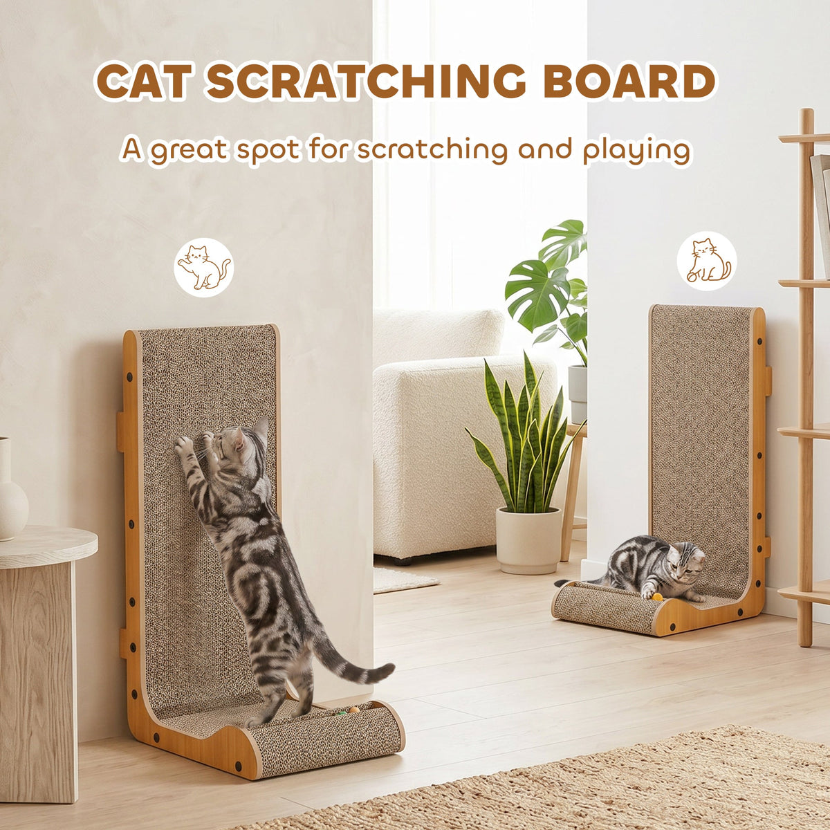 two cat trees shown side by side with cats scratching and resting on the corrugated surfaces