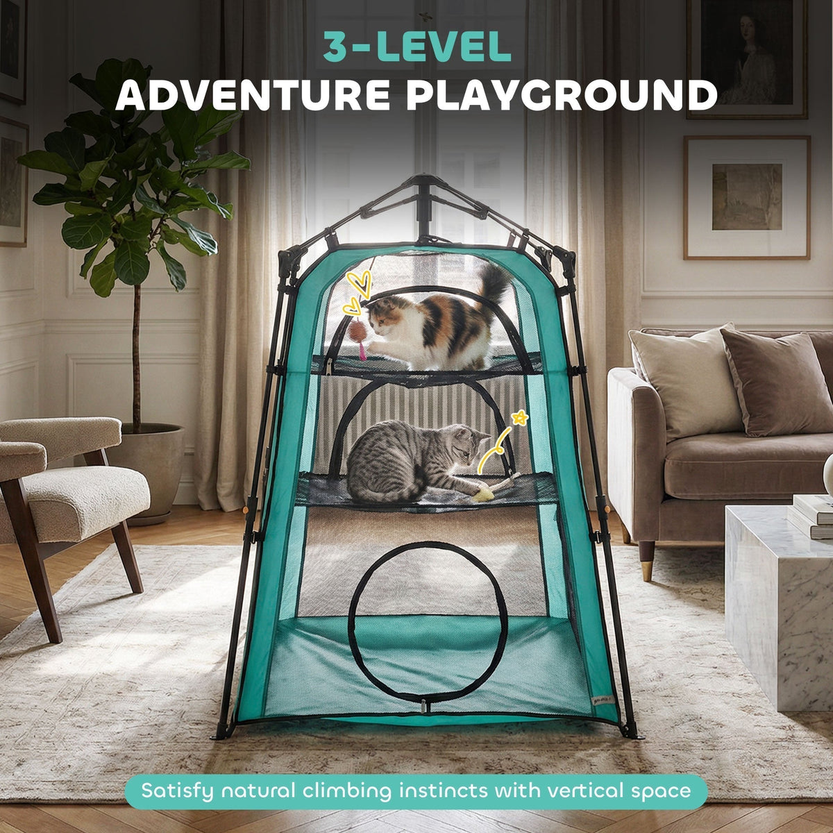 This three-level pet tent is shown as an adventure playground for cats