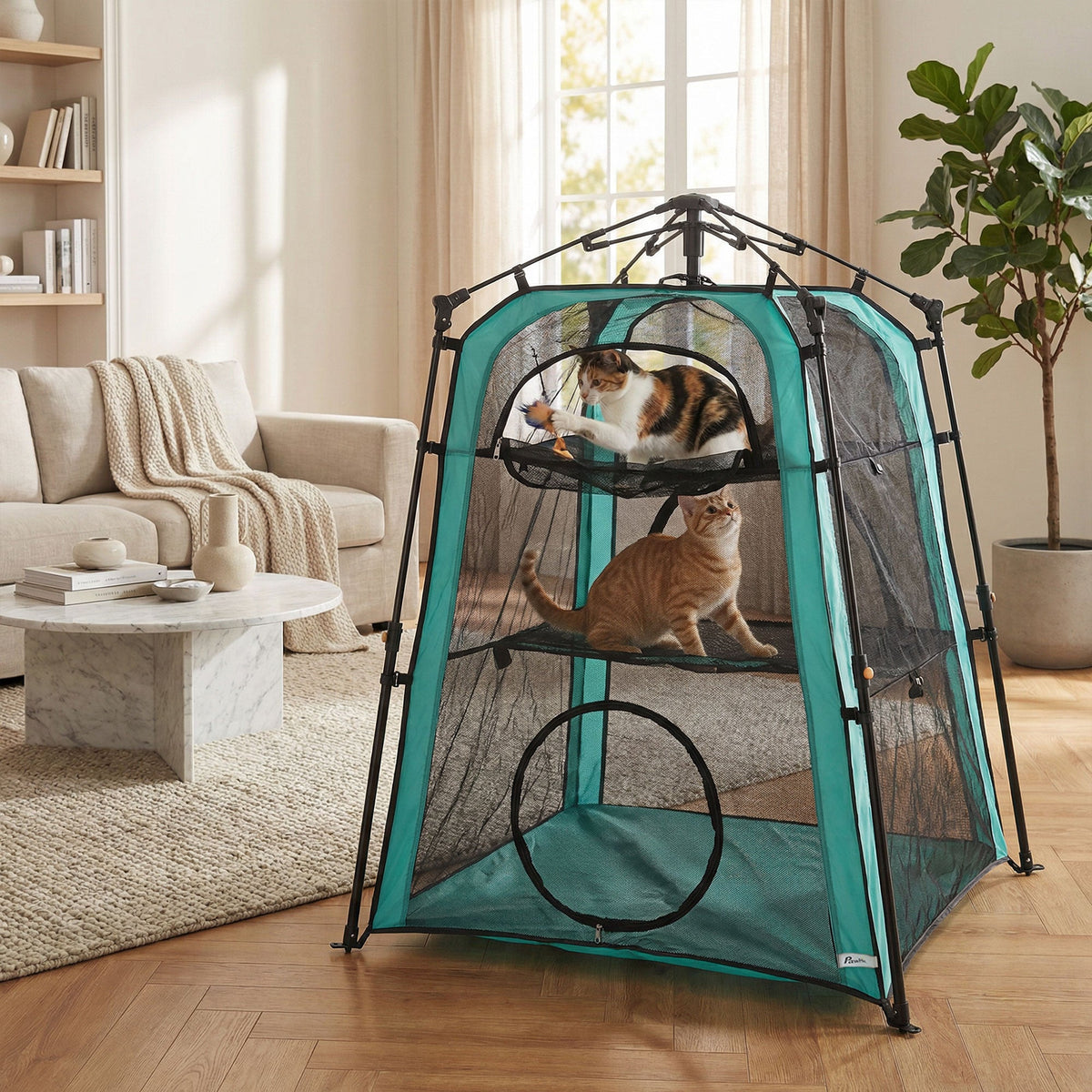 The cat house with two cats playing inside on different levels