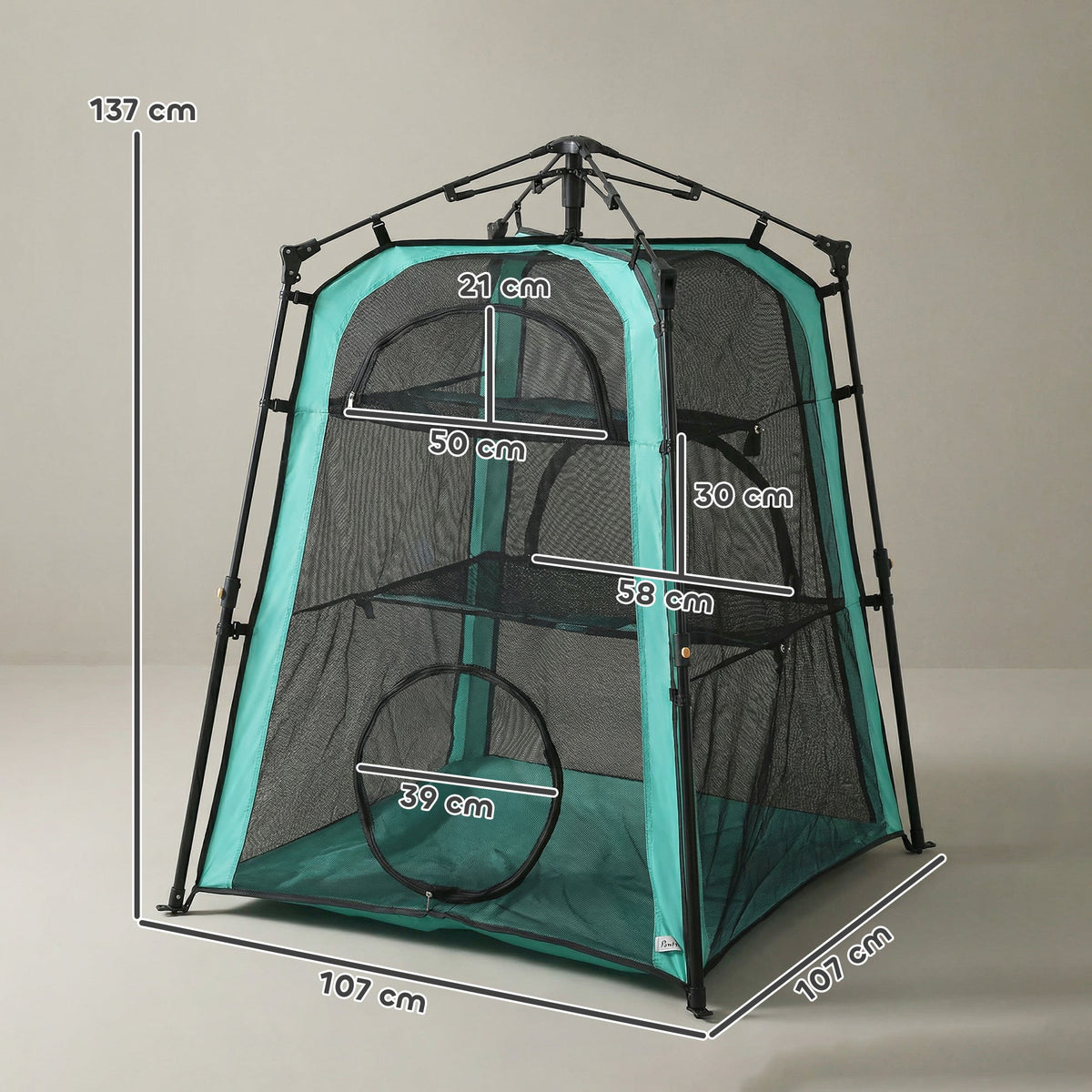 The three-tier pet tent showing dimensions for height and width