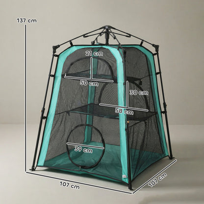 The three-tier pet tent showing dimensions for height and width