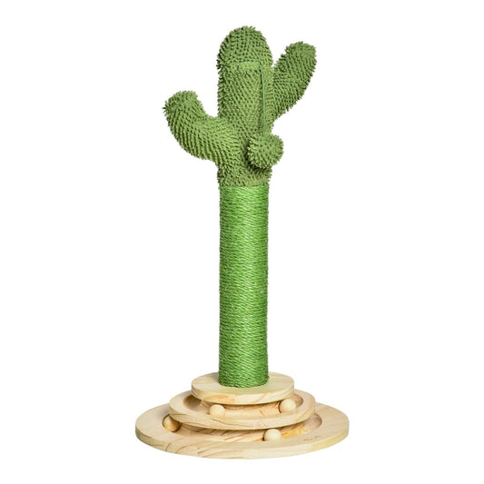 PawHut Cat Tree Cactus Sisal Scratching Post, a green cactus shaped cat tree with a sisal scratching post and wooden base