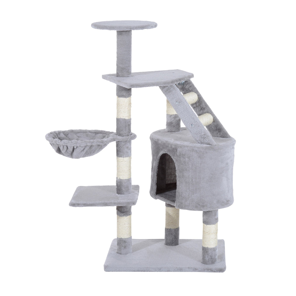 PawHut Cat Tree featuring a grey multi-level design with a hammock, platforms and a hideaway house