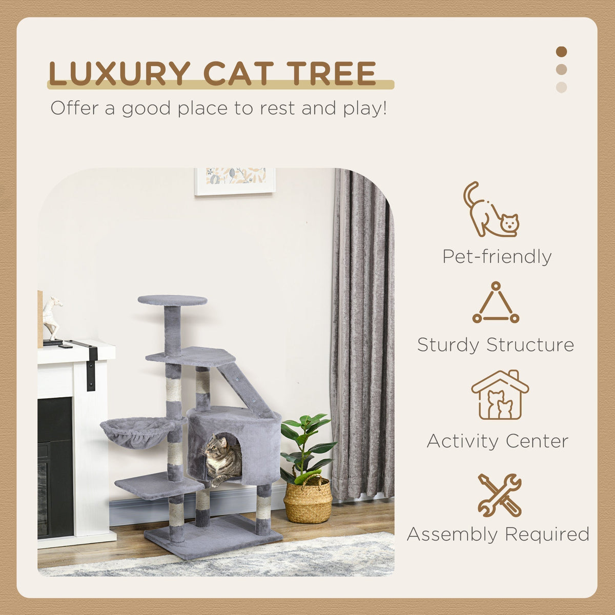 The cat tree displayed on a promotional graphic highlighting key product benefits and features