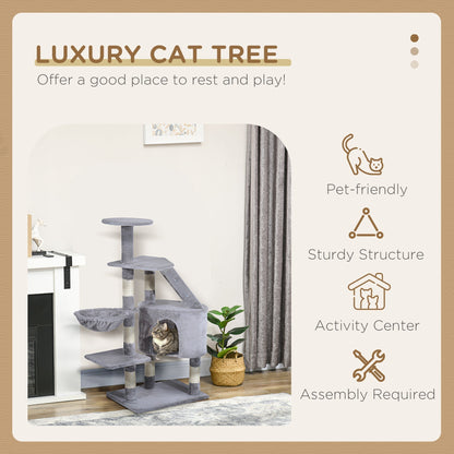 The cat tree displayed on a promotional graphic highlighting key product benefits and features
