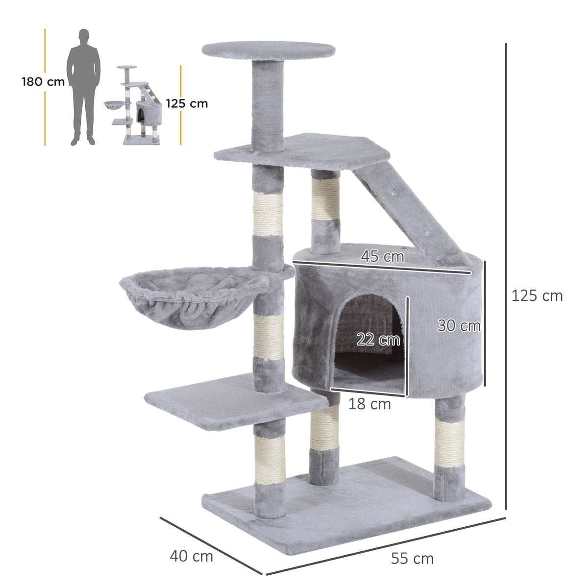 The cat tree showing height and width dimensions with a human silhouette for scale