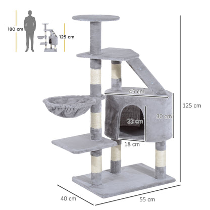The cat tree showing height and width dimensions with a human silhouette for scale