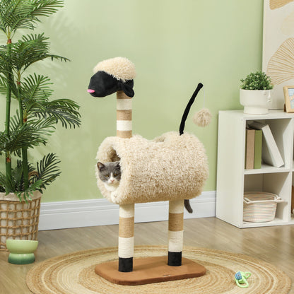 A grey cat sits inside the tunnel of the sheep design cat tree in a room setting