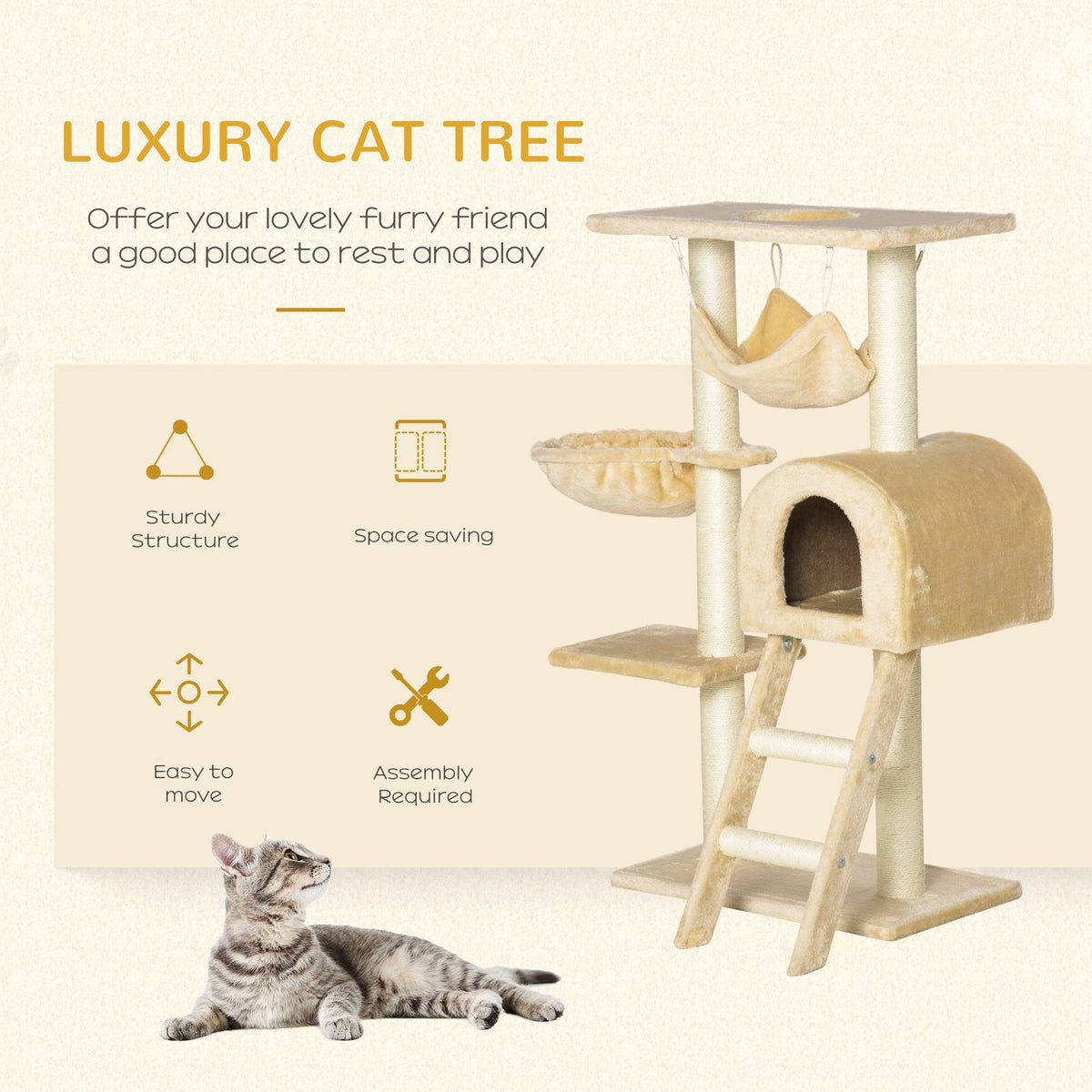 Features of the cat tree tower including sturdy structure and easy assembly