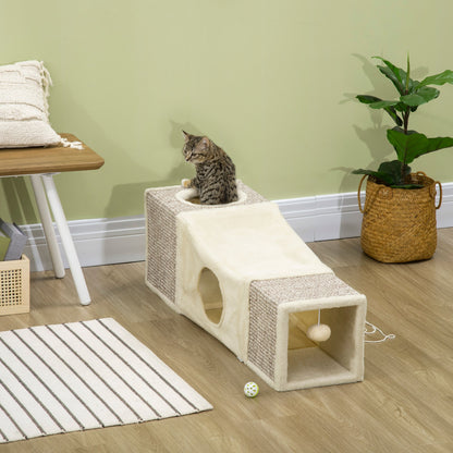 A cat sits inside the cat tunnel, which is placed in a room with a plant and rug