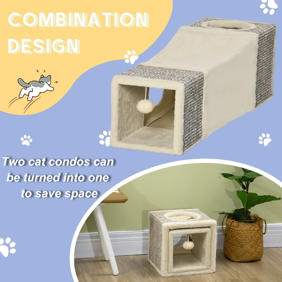 This cat tunnel has a combination design and can be turned into two separate units