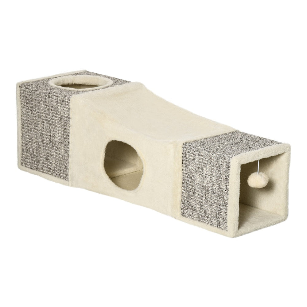 PawHut Cat Tunnel, a cream and grey plush play tunnel with two caves and a hanging ball