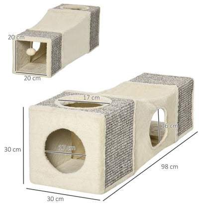 The cat tunnel shows dimensions for length, width and height, with two caves and a hanging ball