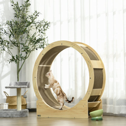 The cat wheel in a bright room with a cat running inside and a cat tree in the background