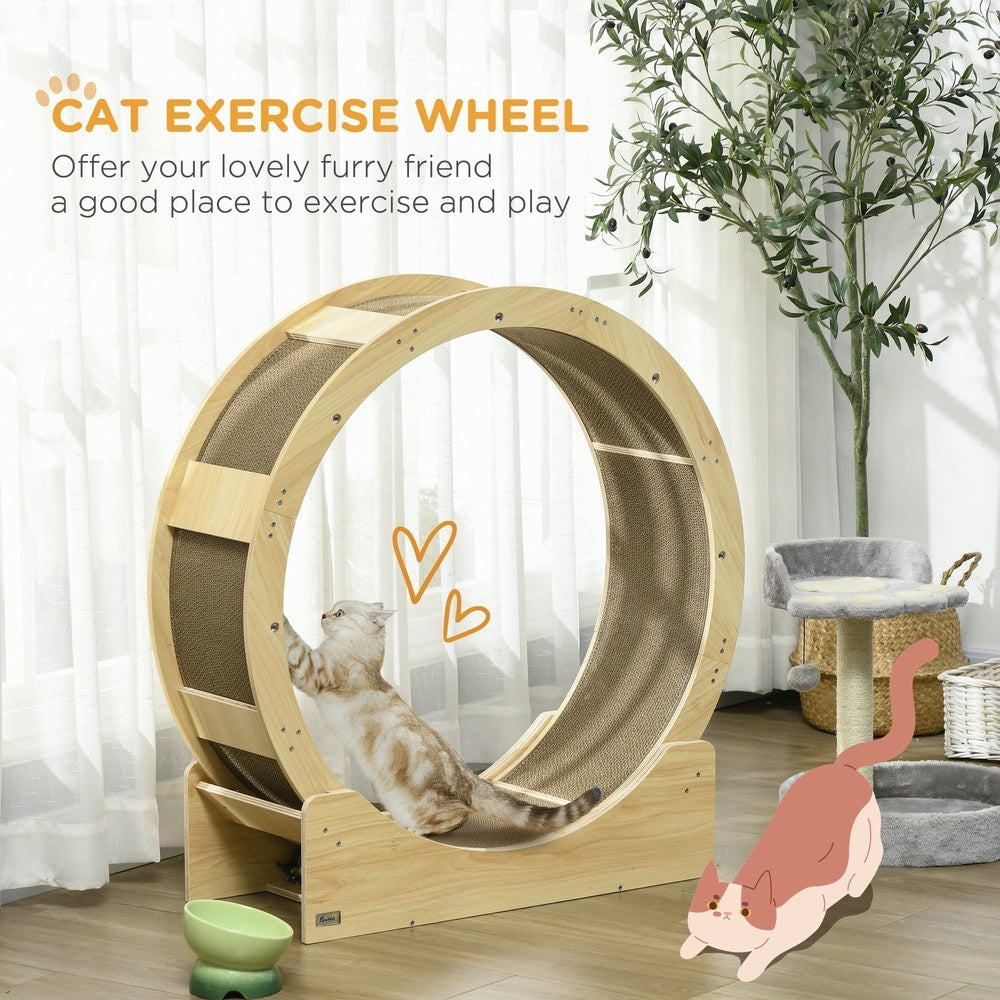 A cat wheel with scratching pads, showing cats interacting with it in a room