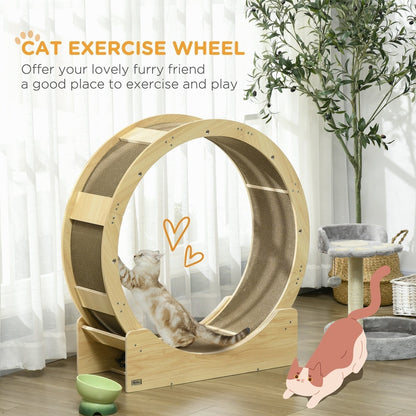 A cat wheel with scratching pads, showing cats interacting with it in a room