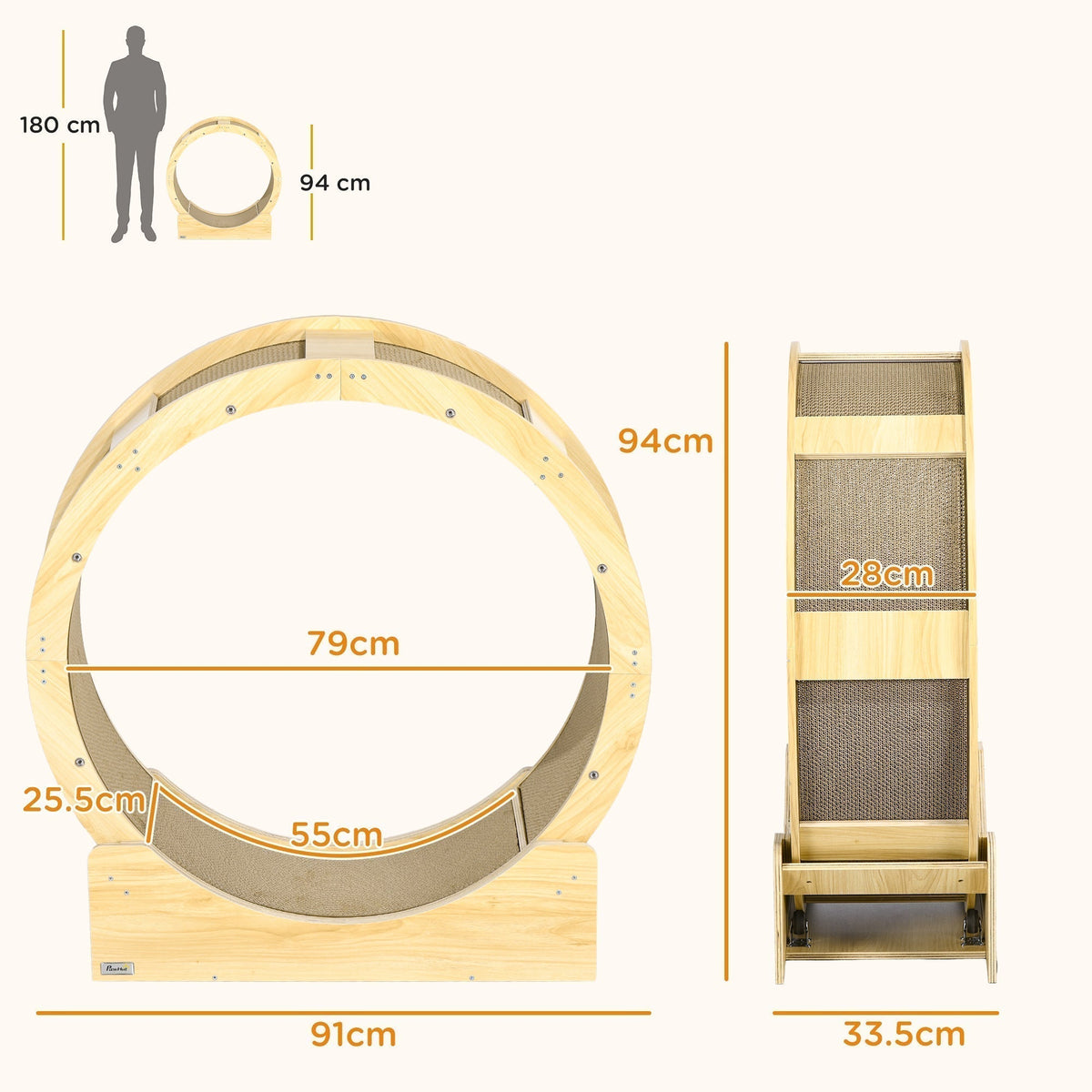 A diagram showing the dimensions of the cat exercise wheel and its parts