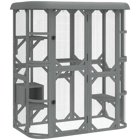 PawHut Catio Outdoor Cat Enclosure, a large grey wooden cat house with multiple platforms and mesh walls