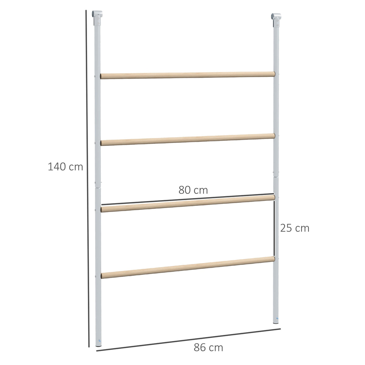 A wooden and galvanised steel roosting bar jungle gym with dimensions shown