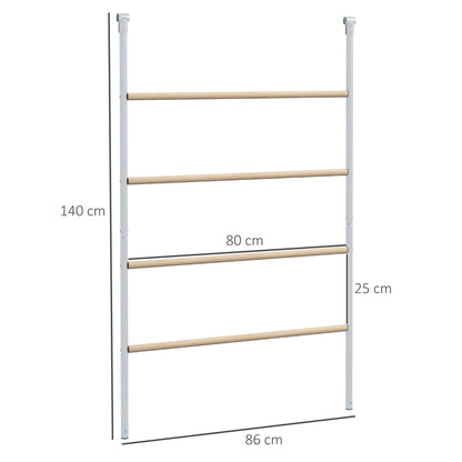 A wooden and galvanised steel roosting bar jungle gym with dimensions shown