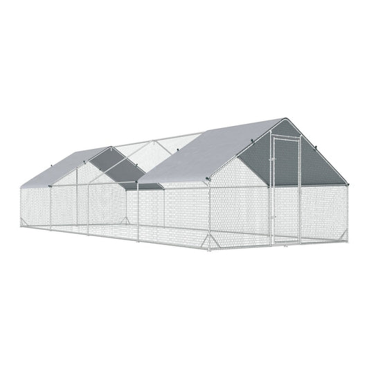 PawHut Chicken Run a large walk-in chicken coop with a grey cover and galvanised frame