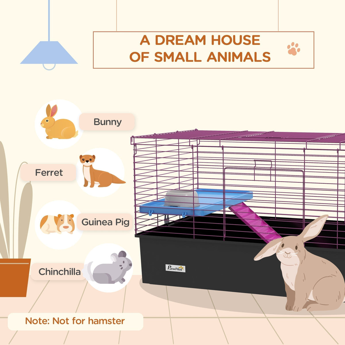 The small animal cage illustrated with icons of various pets that can live inside