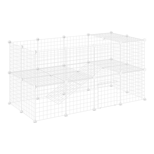 The white metal wire pet enclosure is shown from the front with multiple levels and ramps