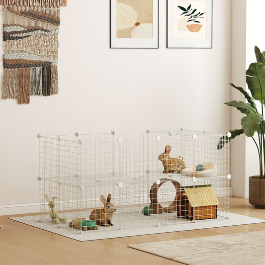 PawHut DIY 36 Panel Pet Playpen Metal Wire Fence set up indoors with two rabbits and a hedgehog inside