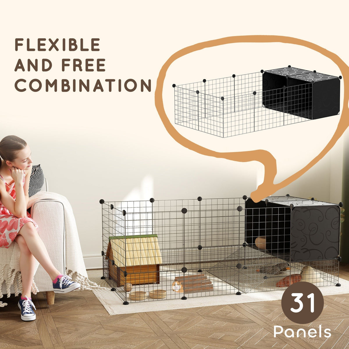 The small animal cage showing how the panels can be arranged in different flexible configurations
