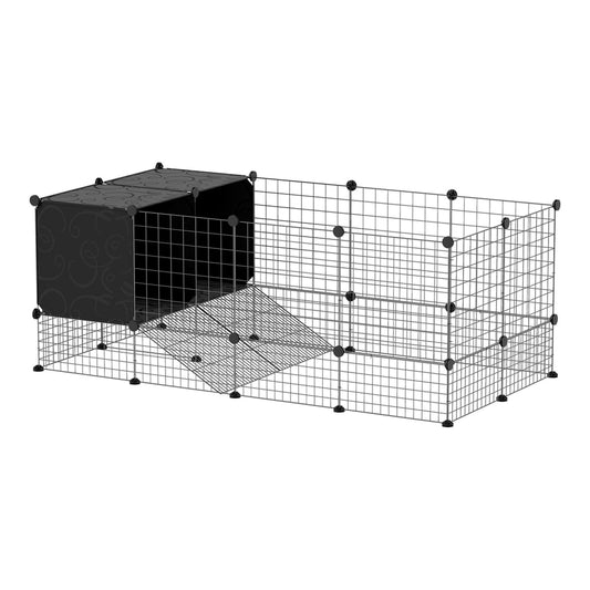 PawHut DIY Small Animal Cage with Elevated Huts showing the wire frame and black enclosed sleeping area