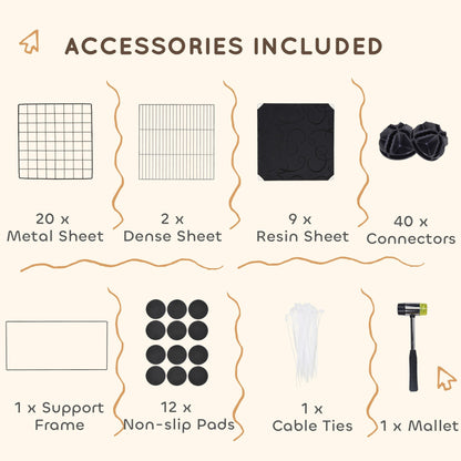 The small animal cage parts including wire panels, resin sheets, connectors, and a small mallet