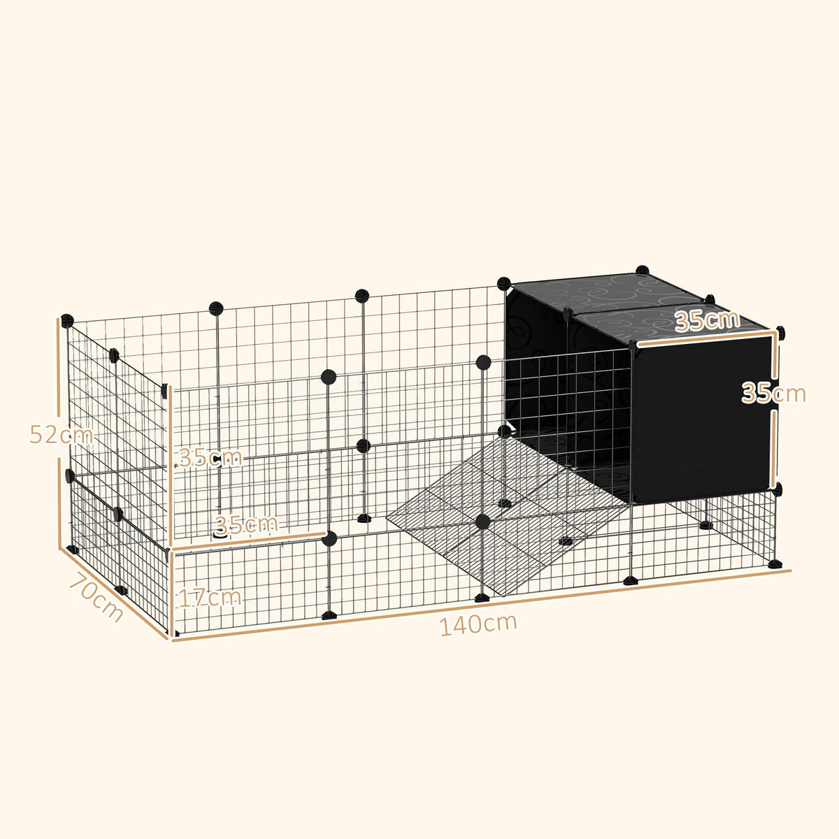 The small animal cage with orange lines indicating the dimensions of the wire and resin structure