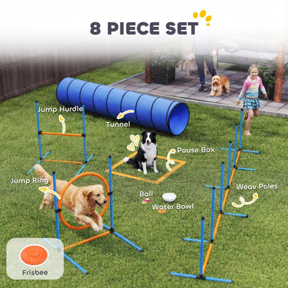 A dog jumping through a hoop and another dog running through weave poles on the dog agility training set