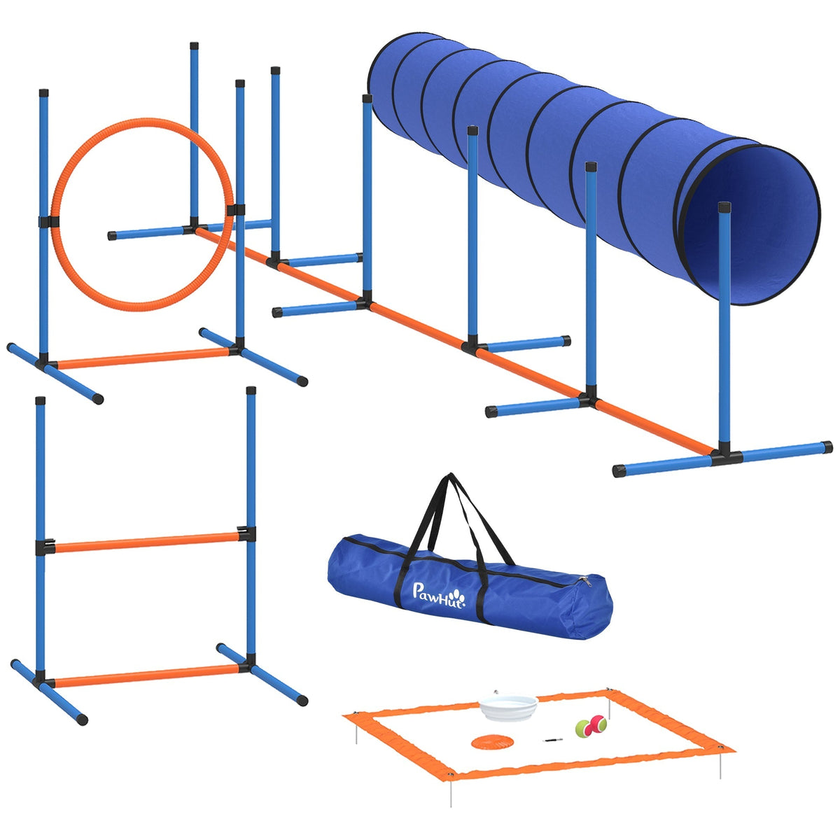 PawHut Dog Agility Equipment, a blue and orange training set with tunnel, weave poles, hurdles and jump ring