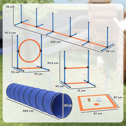 Diagram showing the dimensions of the dog agility training equipment including tunnel, hurdles, jump ring and pause box