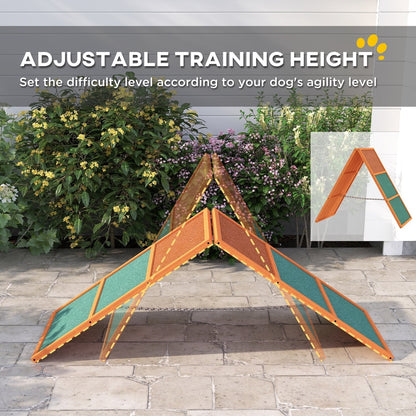 Dog agility ramp shown in two different height configurations for adjustable training