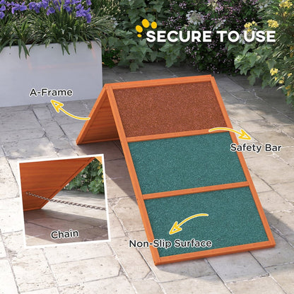 Close up of the dog agility ramp showing the A-frame, chain, and non-slip surface