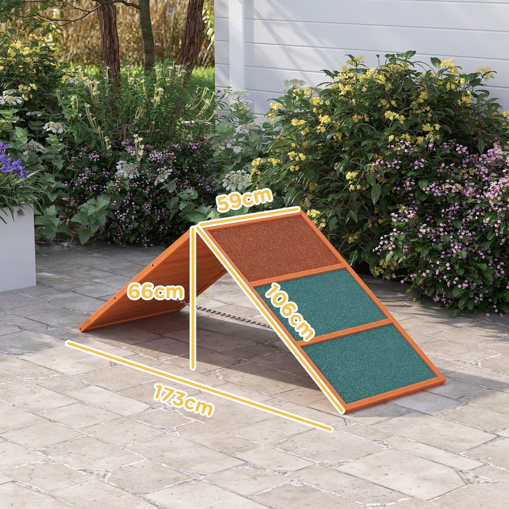 Dog agility ramp with dimensions shown for height and length, set up on a patio