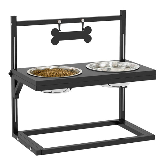 PawHut Dog Bowls with Stand, a black metal frame holding two stainless steel bowls, one with kibble