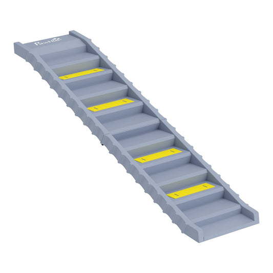 PawHut Dog Car Ramp with Anti-Slip Steps, a grey 10-step ramp with yellow anti-slip strips