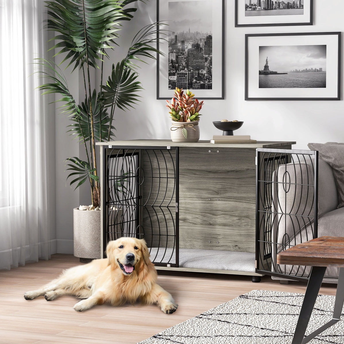 A large dog lies on a cushion inside the dog cage furniture end table in a living room setting