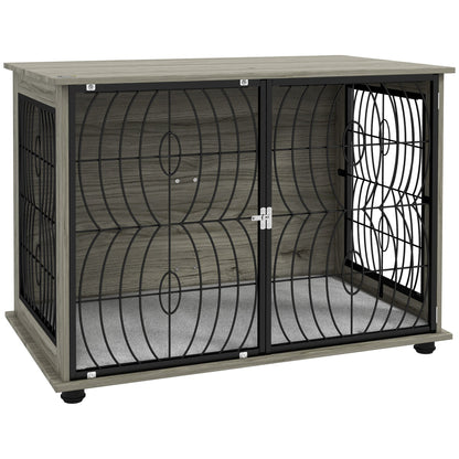 PawHut Dog Crate Furniture End Table with a grey wood effect finish and black metal bars