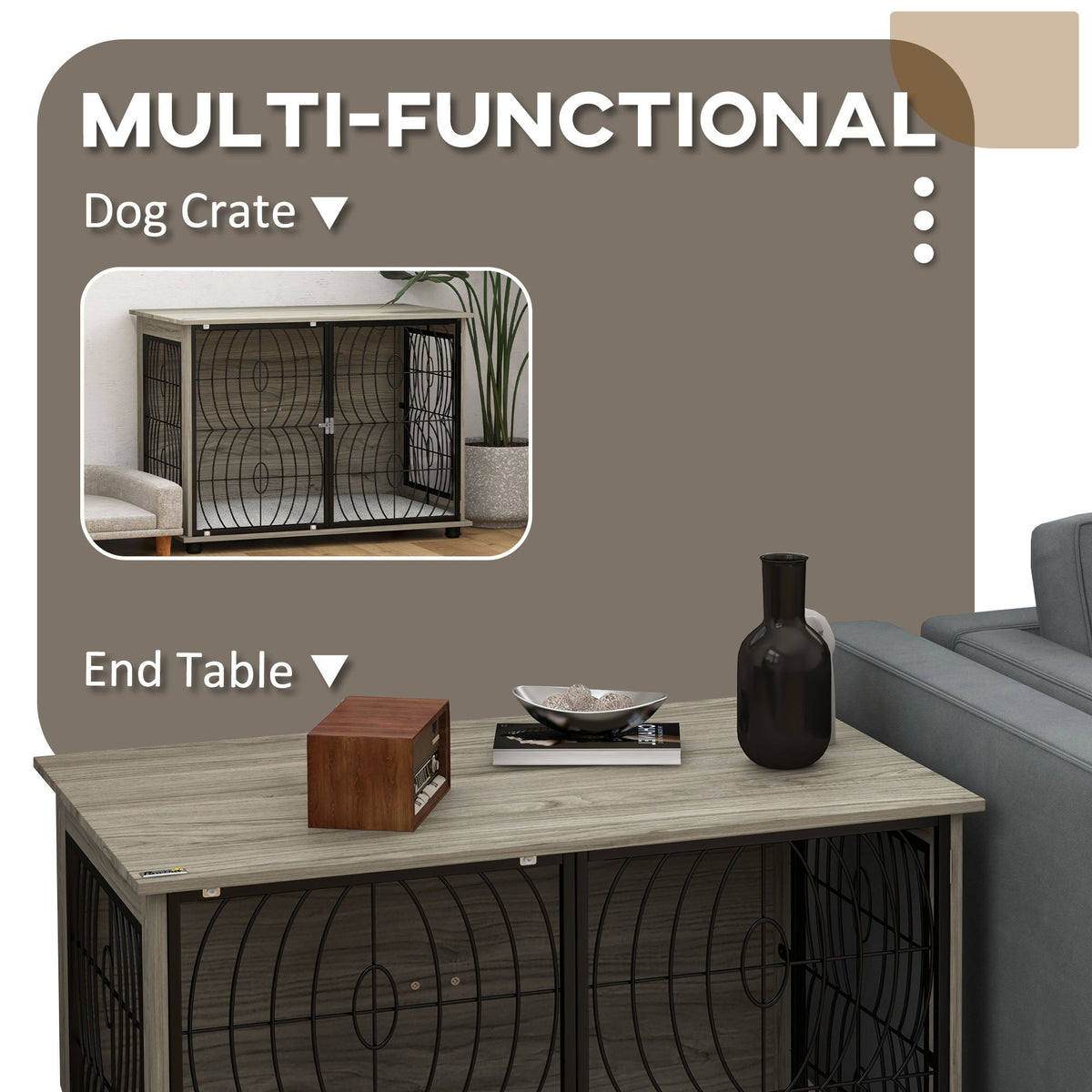 Dog cage furniture end table shown as a dog crate and as an end table with decorative items on top