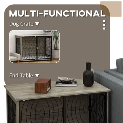Dog cage furniture end table shown as a dog crate and as an end table with decorative items on top