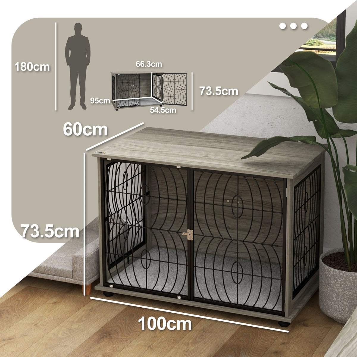 Dog cage furniture end table with dimensions shown, a large dog crate with a grey wood effect