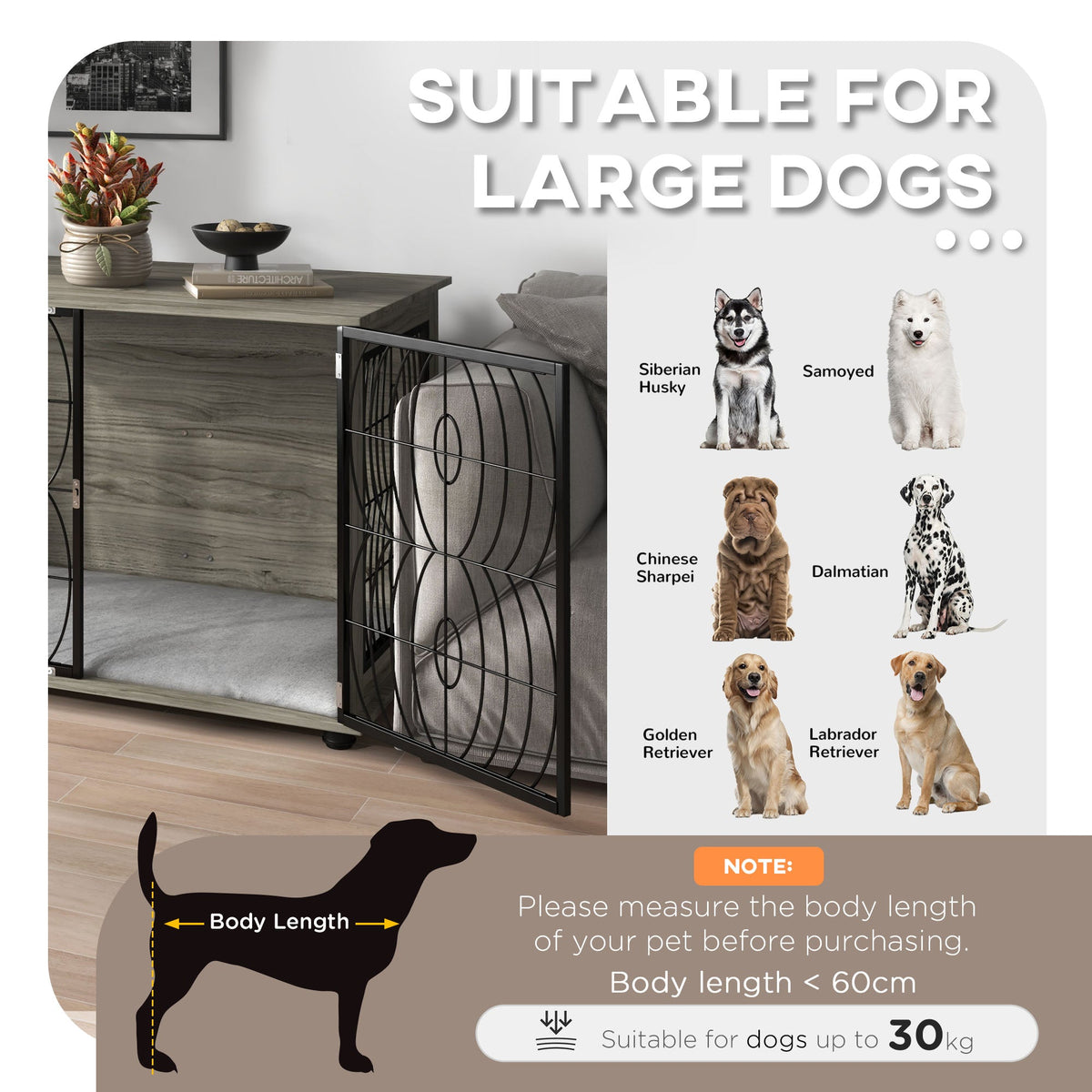 Graphic showing suitable dog breeds for the dog cage furniture end table, with length guidance