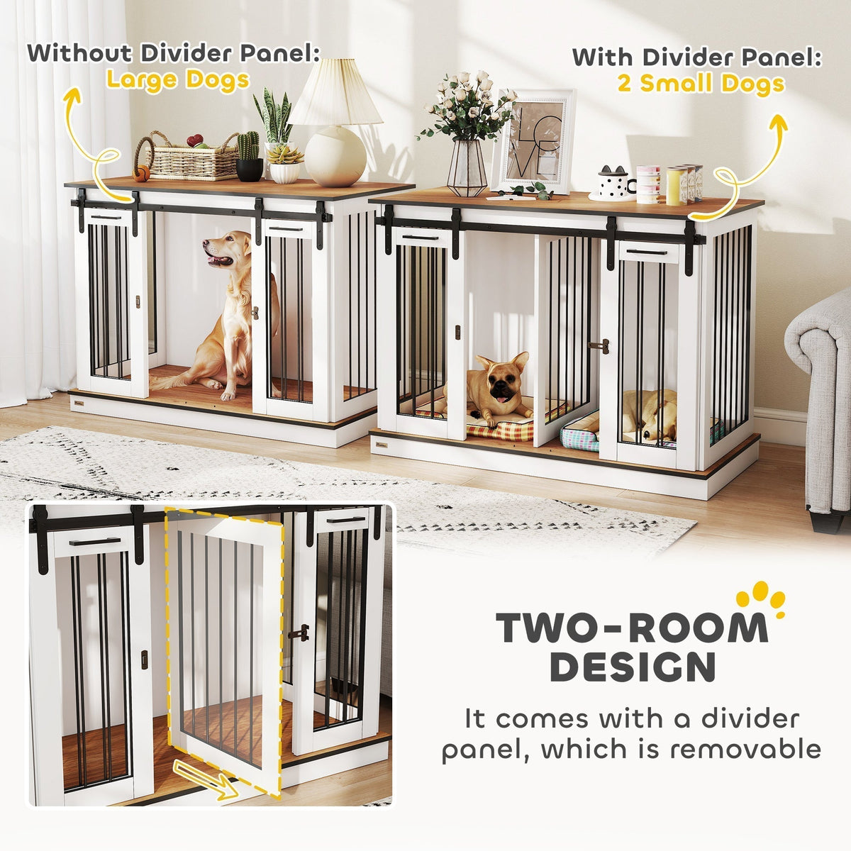 Dog crate furniture with and without a divider panel, showing two-room design