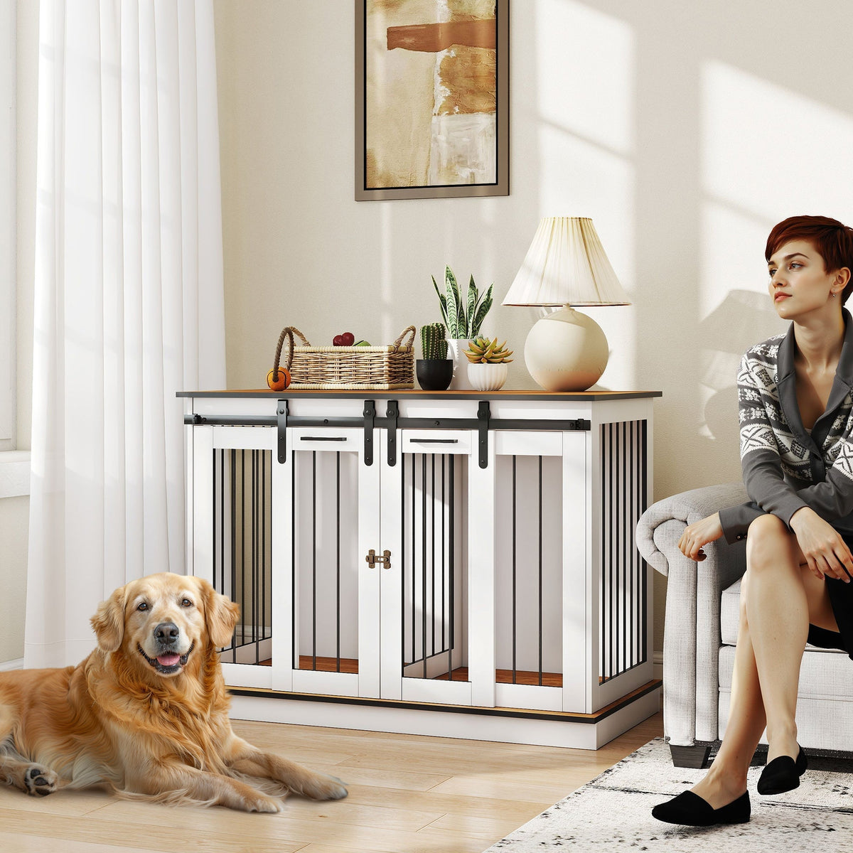 A large dog lies on the floor next to the dog crate furniture in a living room setting