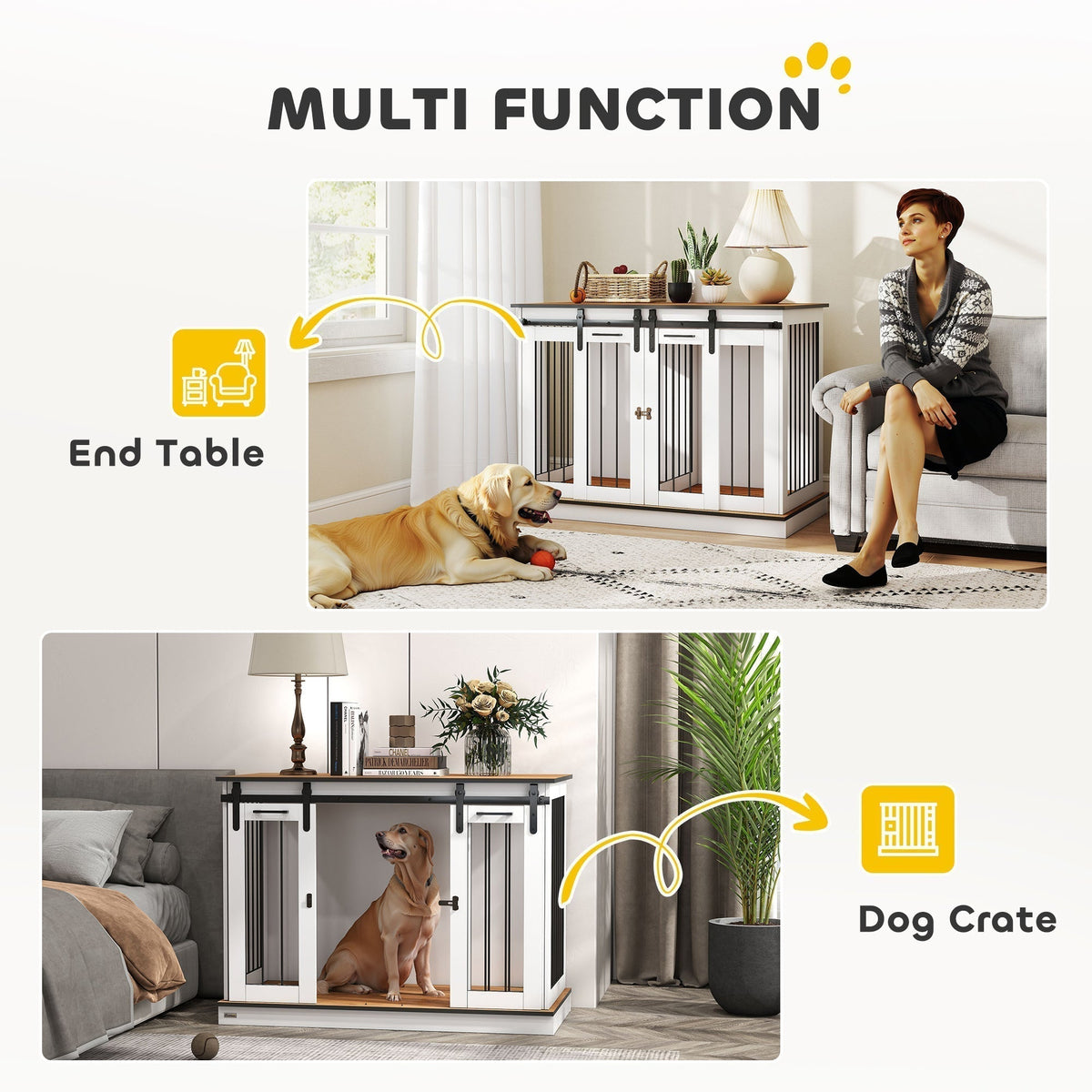 Multi-function dog crate furniture shown as an end table and a dog crate