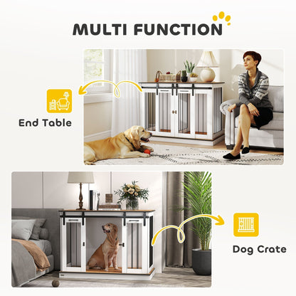 Multi-function dog crate furniture shown as an end table and a dog crate